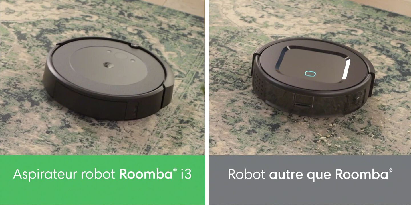 Comparaison montrant le nettoyage plus efficace du Roomba contre un robot d’une autre marque